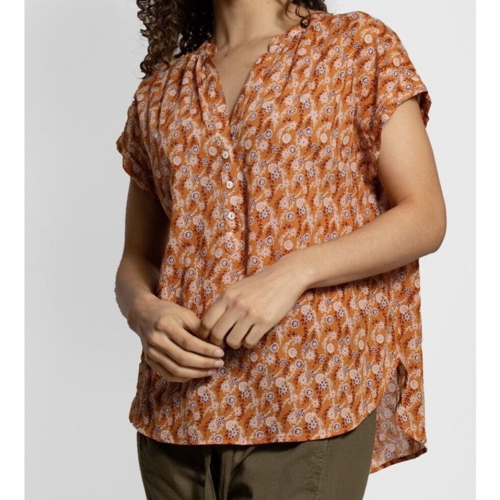 XIRENA Orange Floral Cotton Cap Sleeve V-Neck Sam Blouse Top M